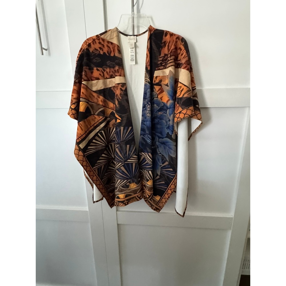 Chicos Womens One Size Mixed Print Kimono Wrap Animal Floral Geo Orange Blue